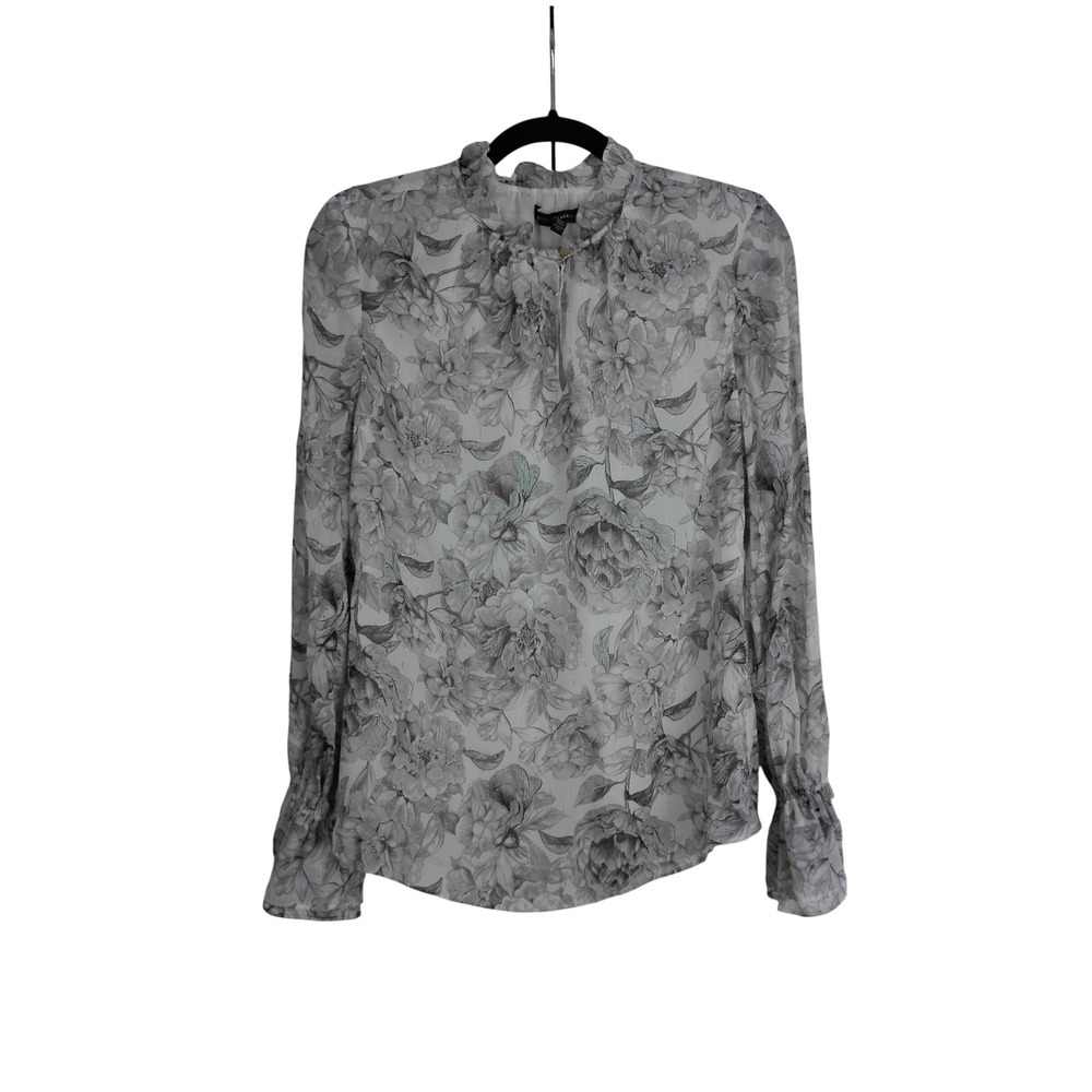 White House Black Market Gray Floral Ruffle Neck Blouse Metallic Size 10 Flowy
